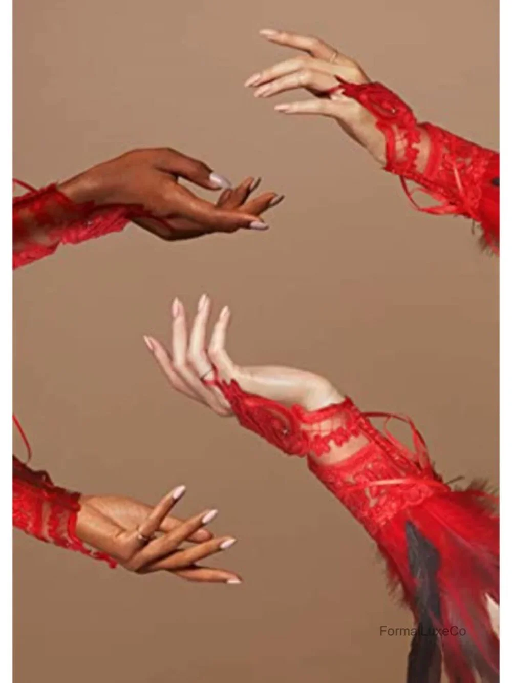 2PCS Women's Lace Feather Long Gloves Gothic Mesh Cuff Wedding Halloween Party